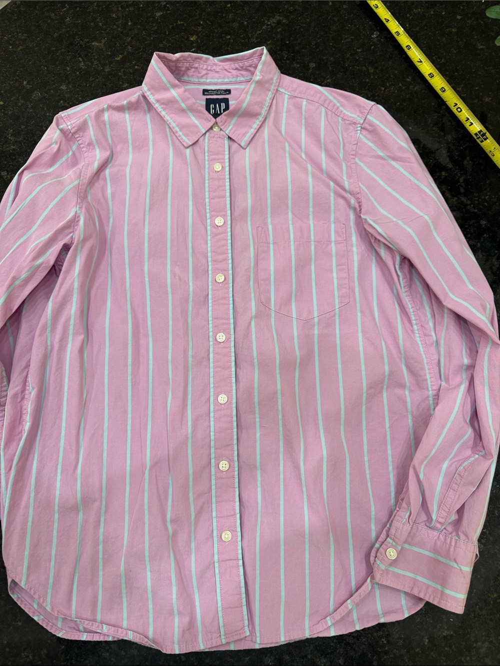 GAP Women’s Pink Button-Down Shirt with Light Blue Stripes